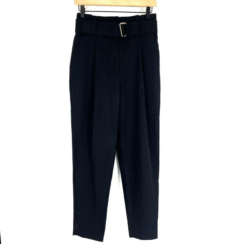 ALC Pants Size 2 Womens Black Diego Paperbag Straight Leg Belted Cotton Pleated